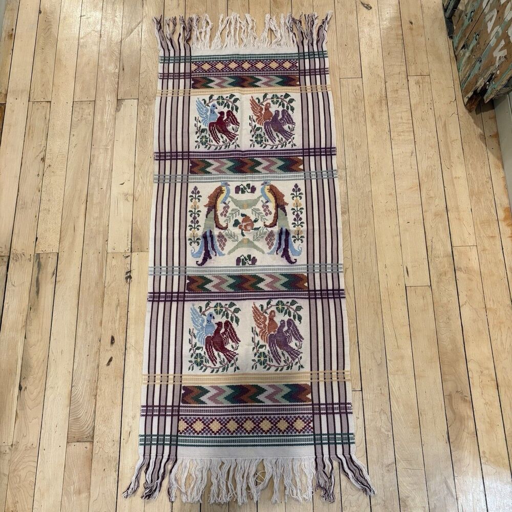 Handwoven Guatemalan Cotton Table Runner Quetzal Bird Design Textile Wall Art - Picture 1 of 14